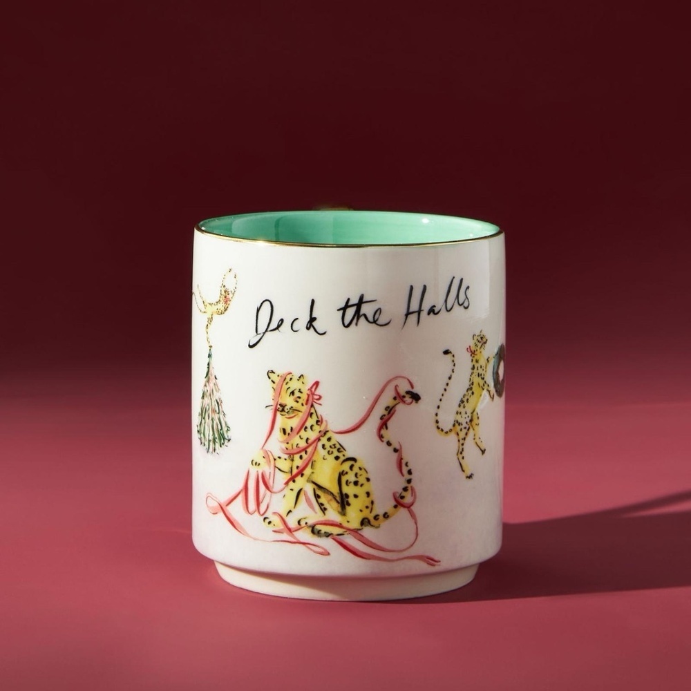 NWT Anthropologie Susannah Garrod 'Tis The Season Leopard Mug